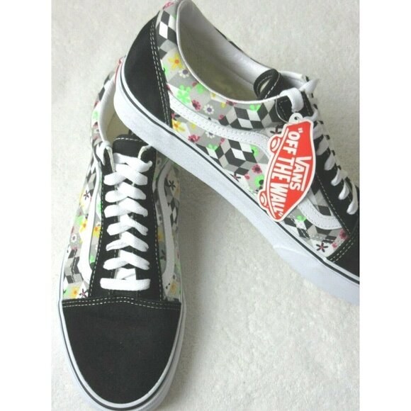 Vans Men\'s Old Skool Checker Cube Black True White Canvas Suede shoes Size 11
